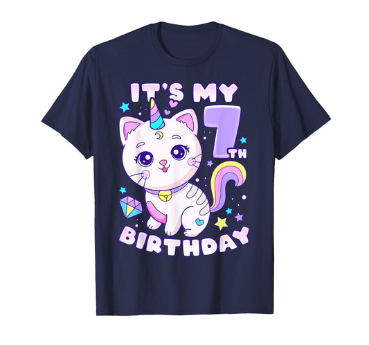 Birthday girl 7 years old, cat, unicorn, 7th birthday T-Shirt