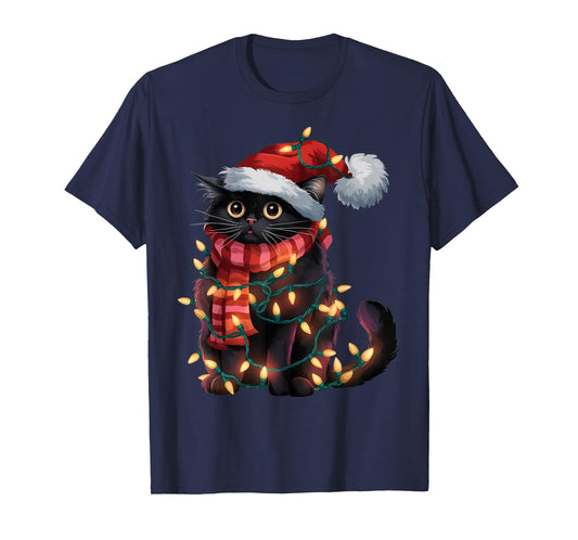 Black Cat Christmas Shirt For Women Santa Hat Xmas Lights T-Shirt