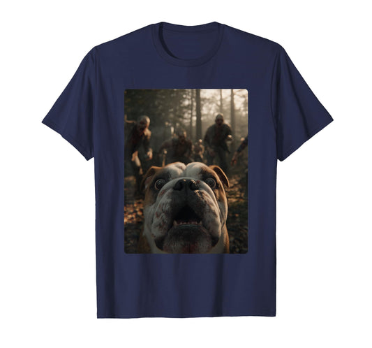 Funny British Bulldog Selfie with Zombies Halloween Dog T-Shirt