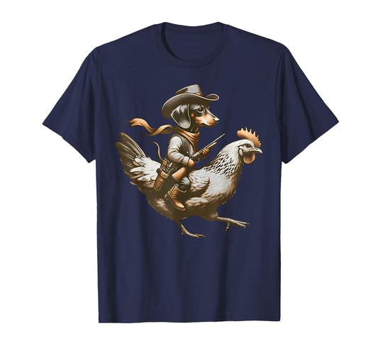 Western Cowboy Dachshund Wiener riding a Chicken Farm Animal T-Shirt