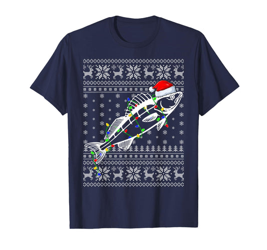 Ugly Sweater Xmas Lights Santa Hat Walleye Fish Christmas T-Shirt