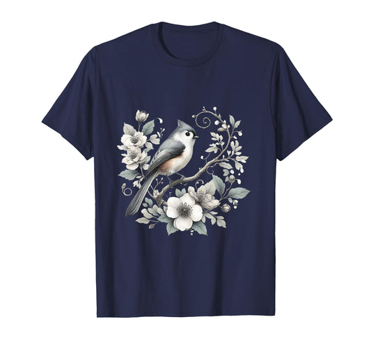 Charming Tufted Titmouse Bird with Floral Nature Design T-Shirt