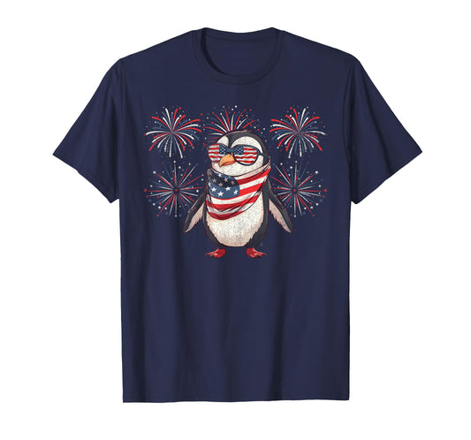 Penguin 4th Of July Sunglasses American Flag Fireworks T-Shirt