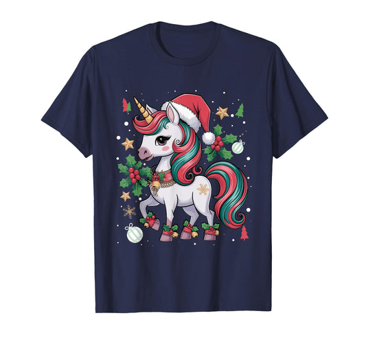 Merry Christmas Unicorn Girls Kid Toddler Xmas Unicorn Santa T-Shirt