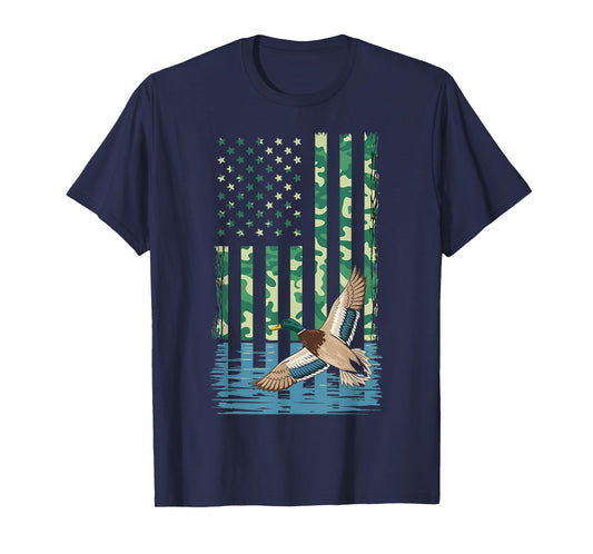 Duck Hunting Shirt Camo American Flag Hunting Gifts Men Boys T-Shirt