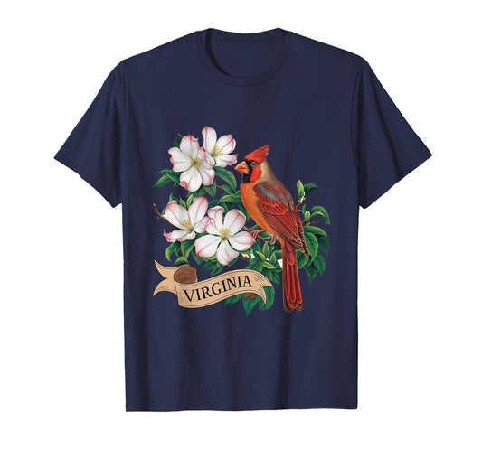 Virginia Cardinal Bird and Flowering Dogwood Flower T-Shirt