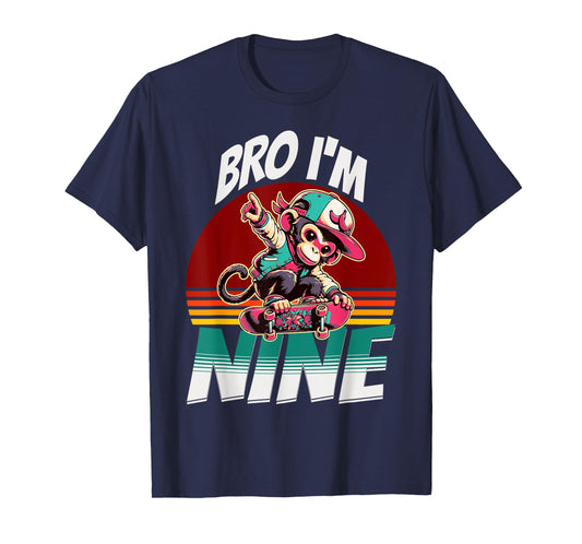 Bro I'm Nine 9th Birthday Monkey Lovers Skateboard Bday T-Shirt