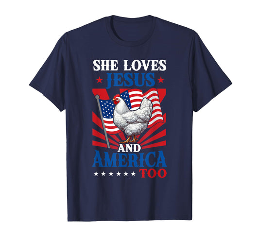 She Loves Jesus And America 4th Of July US Flag Chicken T-Shirt
