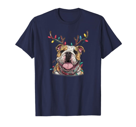 Santa English Bulldog Reindeer Light Christmas T-Shirt
