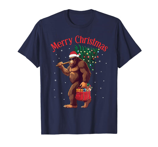 Bigfoot Merry Christmas Tree Lights Sasquatch Xmas Santa T-Shirt