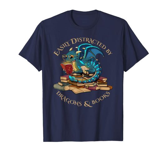Easily Distracted By Dragons And Books Gift Nerd Dragon T-Shirt