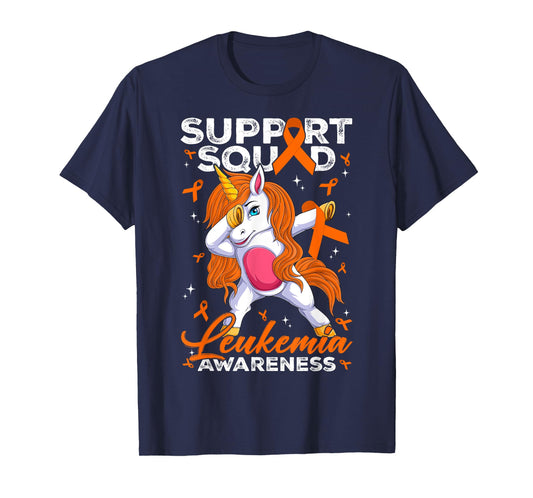 Support Squad Leukemia Awareness Unicorn With Orange Ribbon T-Shirt