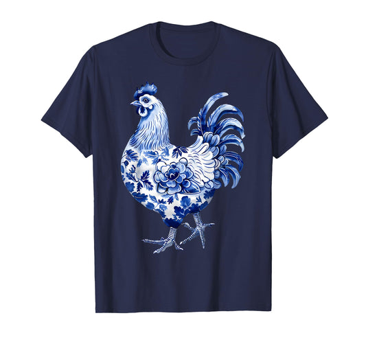 Floral Blue Chinoiserie Chicken Flowers Art Graphic Farm T-Shirt