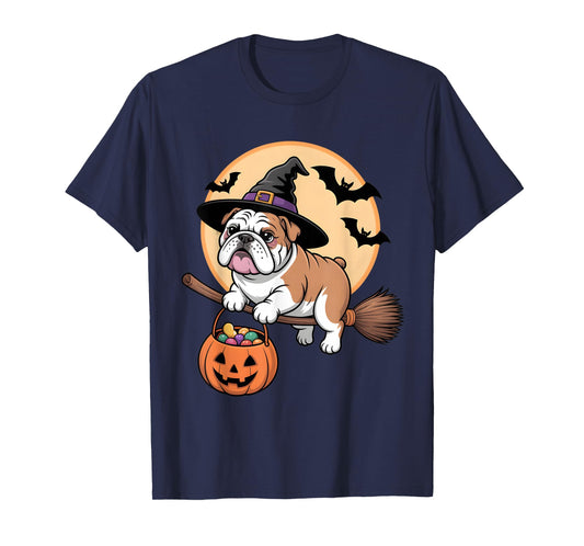 Bulldog Witch Hat Pumpkin Halloween Costume Men Women Kids T-Shirt