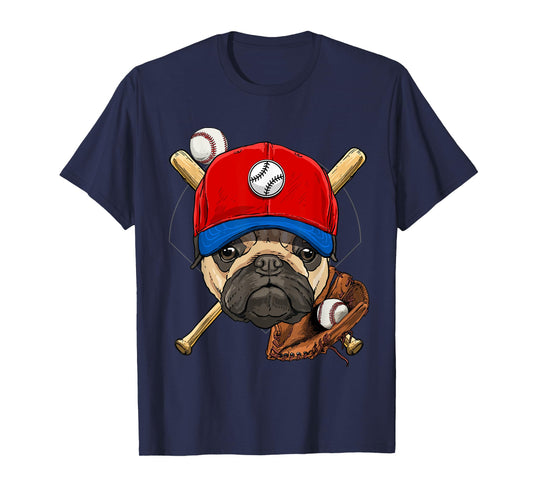 Pawsome Unisex-Adults, Kids Baseball T-Shirt, Black, Small, Short Sleeve, Cartoon Pug Baseball Player Applique