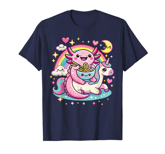 Anime Kawaii Axolotl Eating Ramen Noodles Rainbow Kids Girl T-Shirt