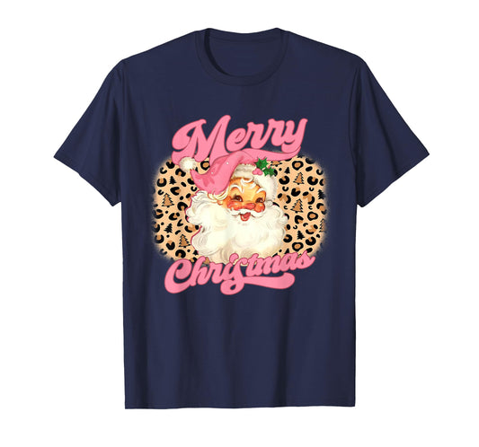 Merry Christmas Pink Santa Claus Leopard Print Women Girls T-Shirt