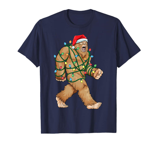 Bigfoot Christmas Shirt Bigfoot Xmas Lights Boys Sasquatch T-Shirt