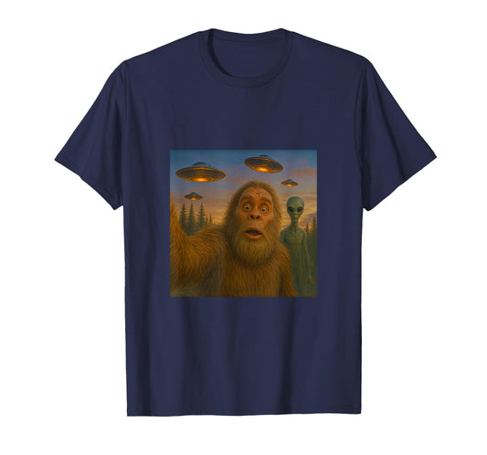 Bigfoot Alien Selfie at Dusk - with UFOs T-Shirt
