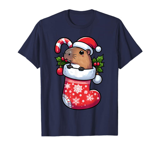 Capybara in Christmas Stocking Candy Cane Santa Hat Pajama T-Shirt