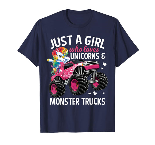 Just A Girl Who Loves Unicorns And Monster Trucks Girls Kids T-Shirt