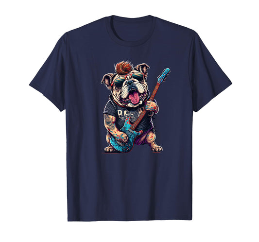 Funny Bulldog Dog Rock and Roll Rocker 80s 90s T-Shirt for Men Women Girls Kids
