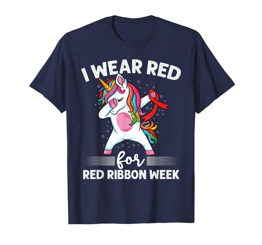 Dabbing Unicorn We Wear Red For Red Ribbon Week Awareness T-Shirt