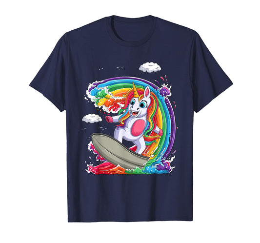 Cute Unicorn Girls Women Unicorn Surfing on Rainbow Wave T-Shirt