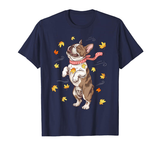 Cute Dog Autumn Fall Breeze Leaves French Bulldog T-Shirt