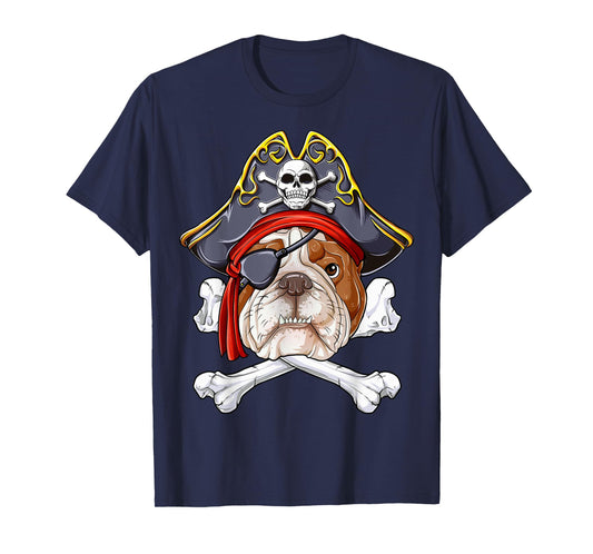 English Bulldog Pirate Jolly Roger Flag Skull Crossbones T-Shirt