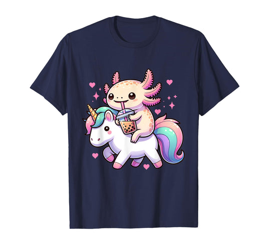 Cute Anime Kawaii Axolotl Riding A Unicorn And Drinking Boba T-Shirt