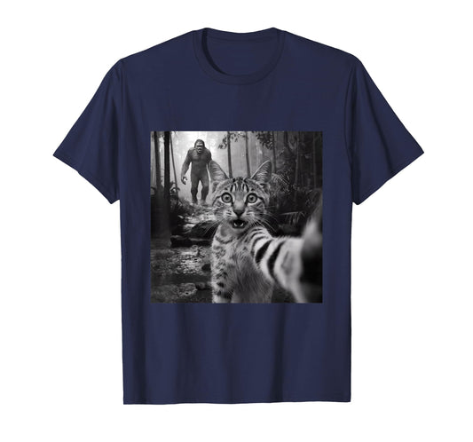Funny surprised scared cat selfie with sasquatsch bigfoot T-Shirt