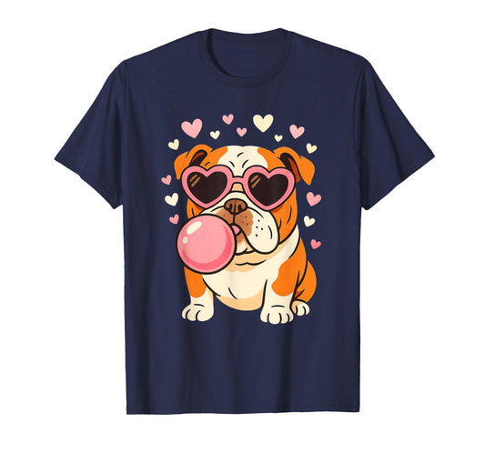 Bulldog Blowing Pink Bubble Gum Hearts Girl Women T-Shirt