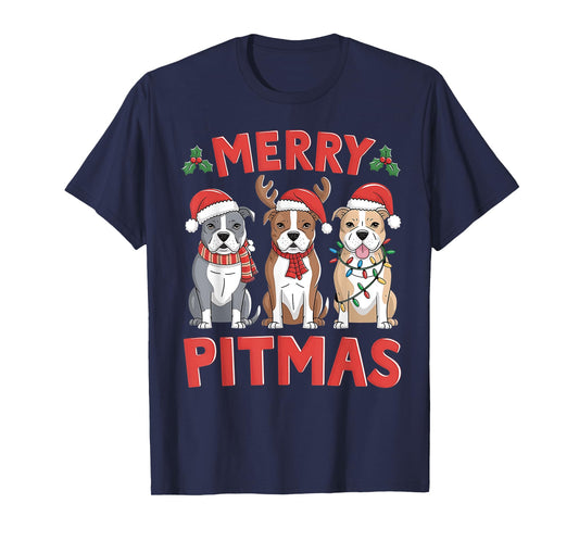 Pit Bull Santa Christmas Tree Lights Xmas Merry Pitmas T-Shirt