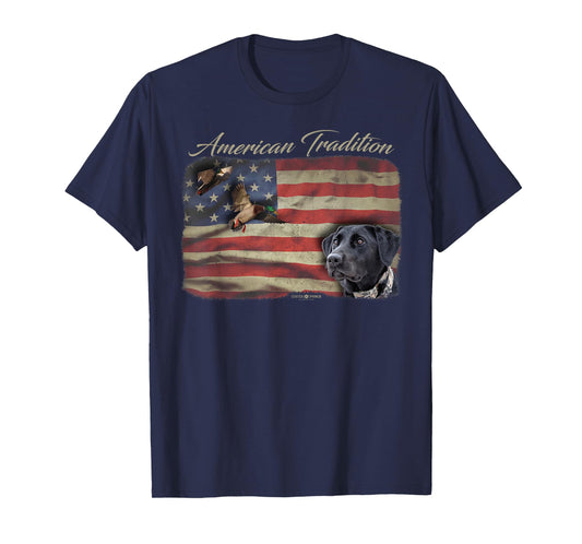 American Tradition Waterfowl Duck Hunting Dog Black Lab Flag Men Women Kids T-Shirt