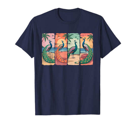 Vintage Retro Group Peacocks On Beach Funny Summer Vacation T-Shirt