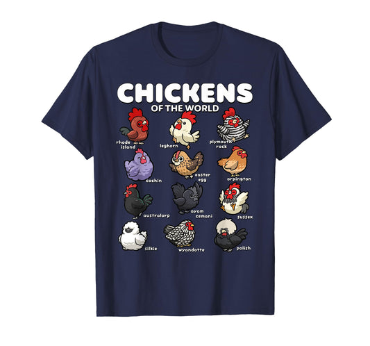 Chickens of the World Funny Cartoon Chicken Breeds Farm Art T-Shirt