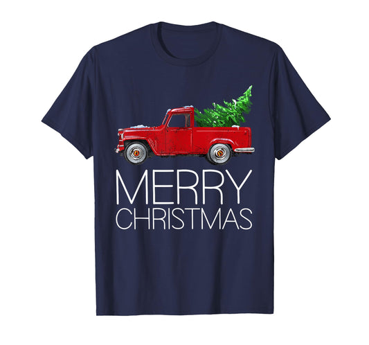 Red Vintage Wagon Tree Vacation Gift Red Truck Christmas T-Shirt