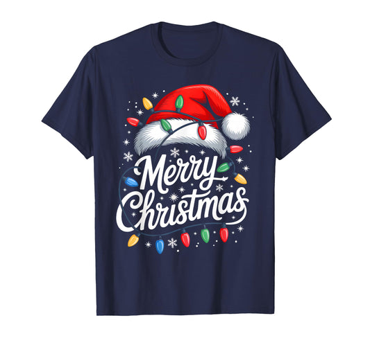 Merry Christmas Lights Red Santa Hat Xmas Family Men Women T-Shirt