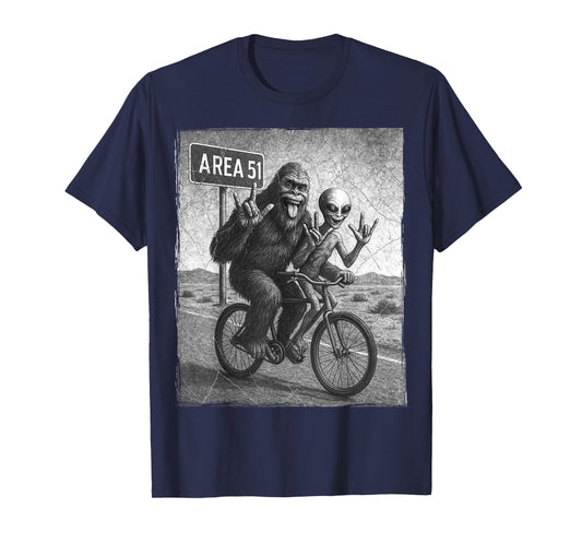 Bigfoot Alien UFO Bike Ride Rock On Area 51 Vintage Funny T-Shirt
