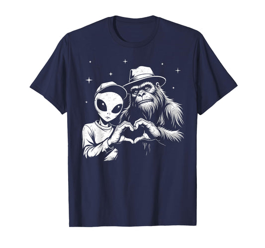Bigfoot And Alien Love Hand Sign Funny Sasquatch T-Shirt