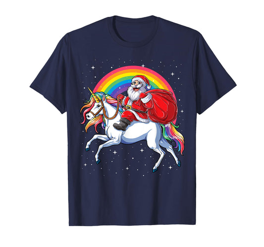 Christmas Santa Riding Unicorn Xmas Girls Women Rainbow T-Shirt