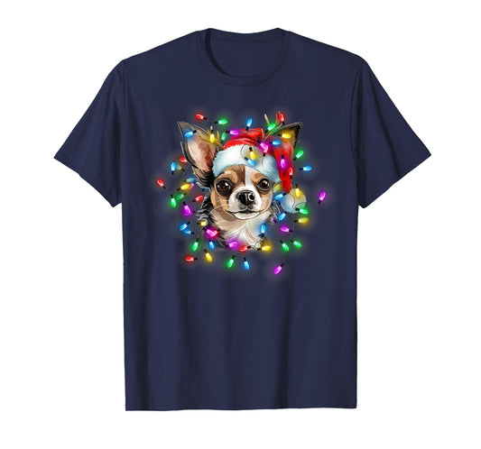 Cute Chihuahua Santa Hat Christmas Light Xmas T-Shirt