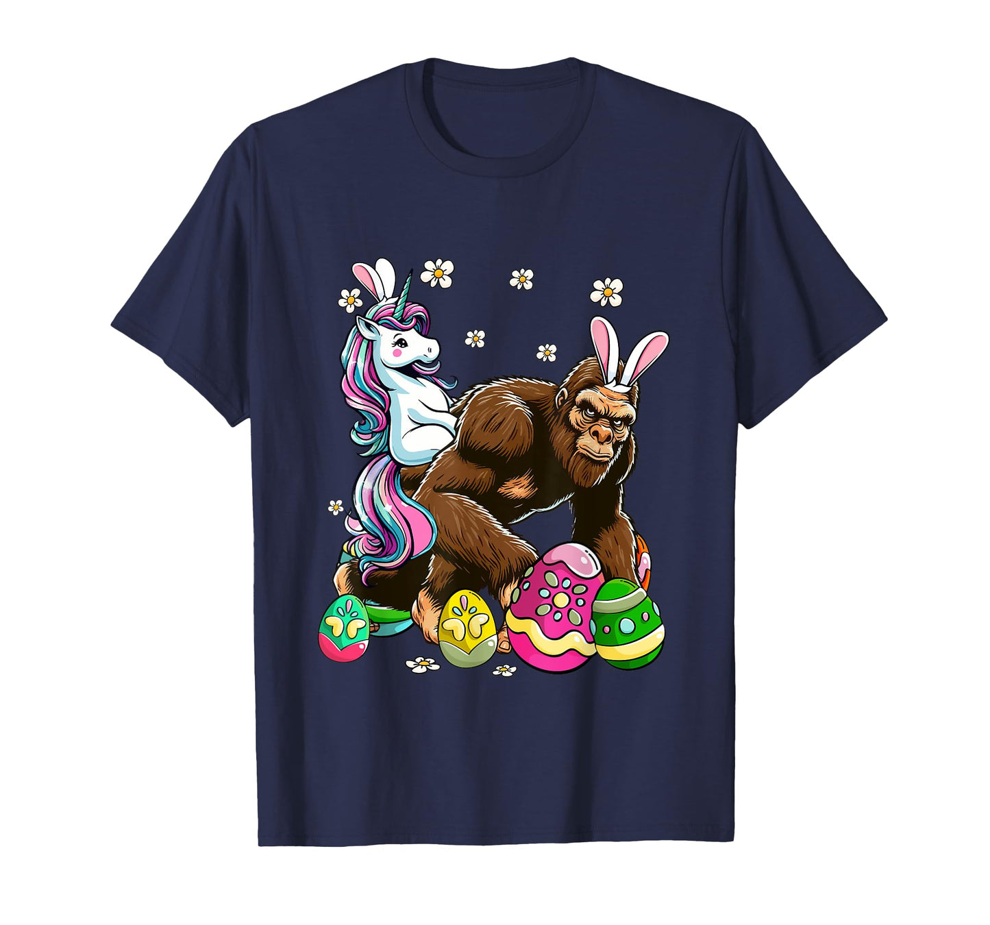 Bunny Unicorn Riding Bigfoot Flowers Easter Day Hunting Eggs T-Shirt
