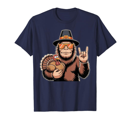 Thanksgiving Bigfoot Turkey Rock n Roll Bigfoot Sasquatch T-Shirt