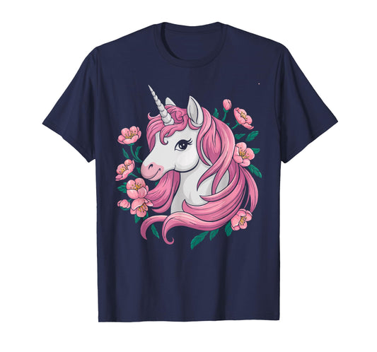 Cute Unicorn With Cherry Blossoms Magical Fantasy Art T-Shirt