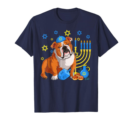 Jewish English Bulldog Dog Kippah Menorah Hanukkah Pajama T-Shirt