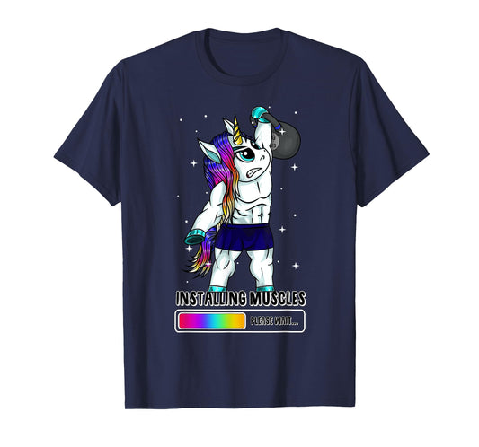 Unicorn Installing Muscles Kettlebell Fun Gym Workout Gift T-Shirt