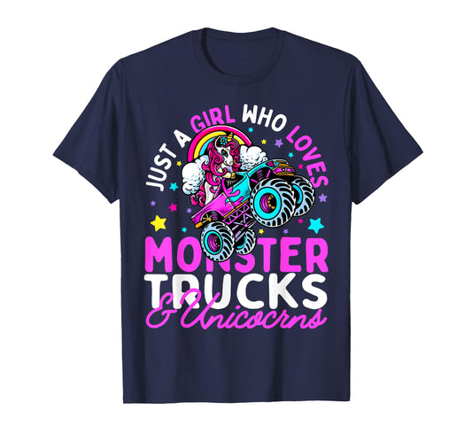 Just a Girl Who Loves Monster Trucks and Unicorns Girls Gift T-Shirt
