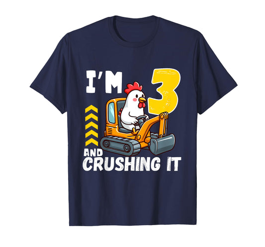 Kids Three 3yr 3rd Birthday Construction Boy 3 Years Old Chicken T-Shirt